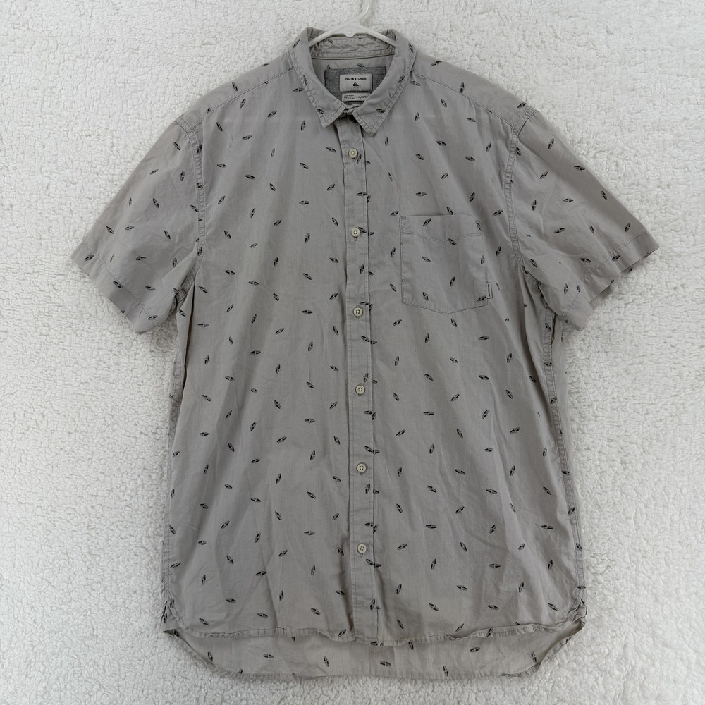 Quiksilver Shirt‎ Mens XL Gray Modern Fit Short Sleeve Surfboard Print Casual